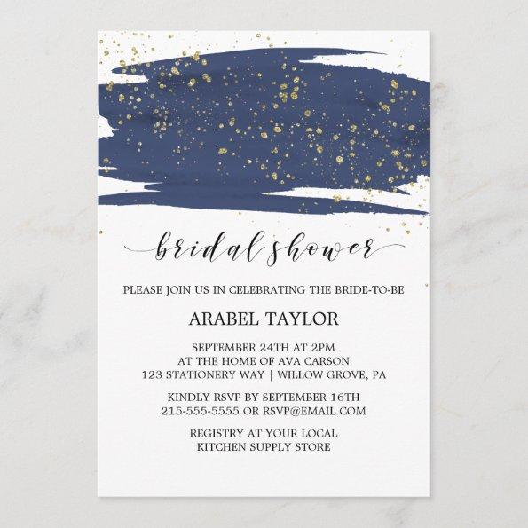 Watercolor Navy and Gold Sparkle Bridal Shower Invitations