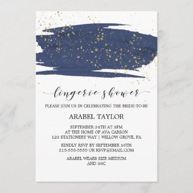 Watercolor Navy and Gold Sparkle Lingerie Shower Invitations