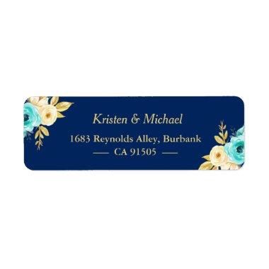 Watercolor Navy Blue Mint Gold Garden Floral Label
