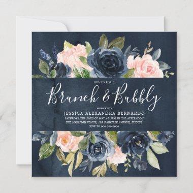 Watercolor Navy Blush Bridal Shower Brunch Bubbly Invitations
