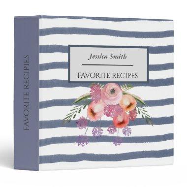 Watercolor navy stripes boho floral bouquet 3 ring binder