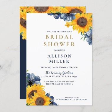 Watercolor Navy Sunflower Rustic Bridal Shower Invitations