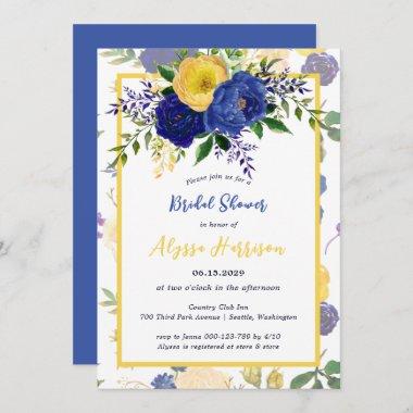 Watercolor Navy Yellowish Gold Floral Bridal Invit Invitations