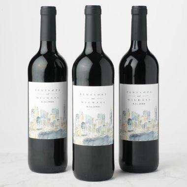 Watercolor New York City Skyline Wedding Wine Label