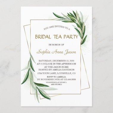 Watercolor Olive Leaves Gold Bridal Tea Party Invitations