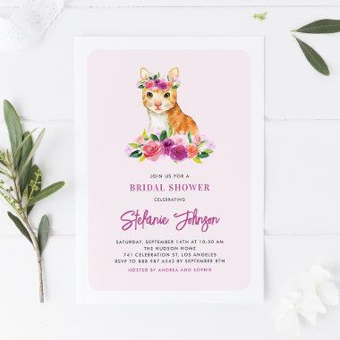 Watercolor Orange Cat Purple Flowers Bridal Shower Invitations