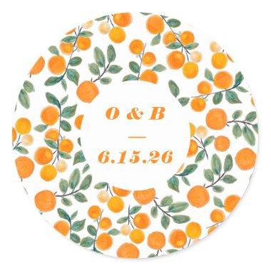 Watercolor Orange Citrus Monogrammed Wedding Classic Round Sticker