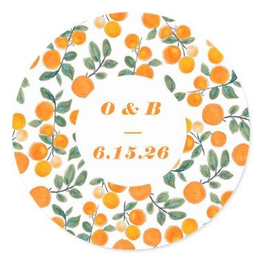 Watercolor Orange Citrus Monogrammed Wedding Classic Round Sticker