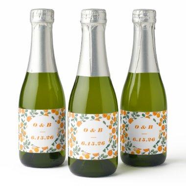 Watercolor Orange Citrus Monogrammed Wedding Sparkling Wine Label