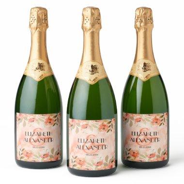 Watercolor Orange Floral Wedding Sparkling Wine Label