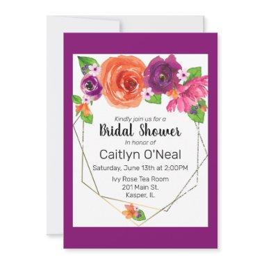 Watercolor Orange Purple Pink Floral Gold Frame