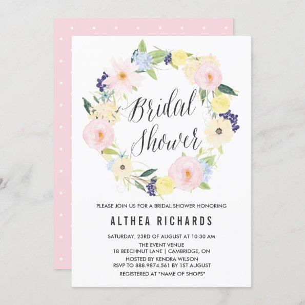 Watercolor Pastel Floral Wreath Bridal Shower Invitations
