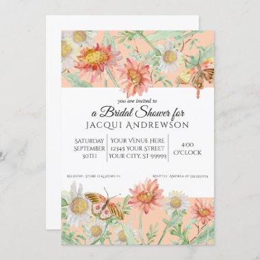 Watercolor Peach Coral White Floral Bridal Shower Invitations