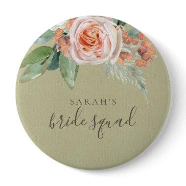 WATERCOLOR PEACH FLOWER GREEN FOLIAGE BRIDE SQUAD BUTTON