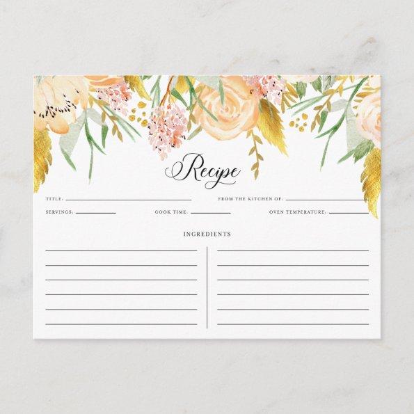 Watercolor Peach Flowers and Gold Leaves Recipe PostInvitations
