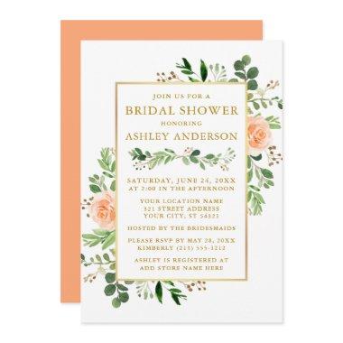 Watercolor Peach Roses Bridal Shower Greenery Gold Invitations