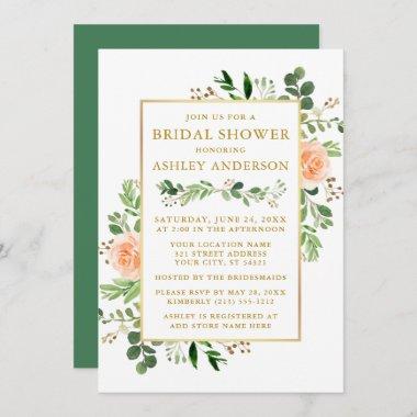 Watercolor Peach Roses Greenery Bridal Shower Gold Invitations