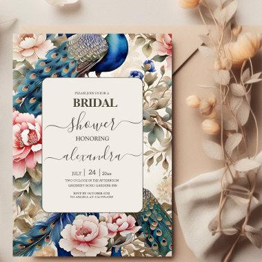 Watercolor Peacock Chinoiserie Bridal Shower Invitations