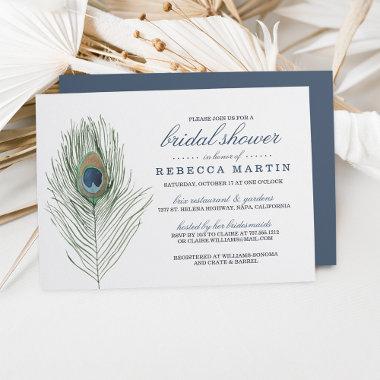 Watercolor Peacock Feather Bridal Shower Invitations