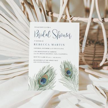 Watercolor Peacock Feather Bridal Shower Invitations