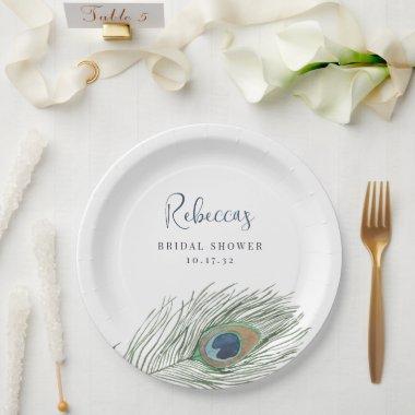 Watercolor Peacock Feather Bridal Shower Paper Plates