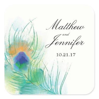 Watercolor Peacock Feather Wedding Square Sticker