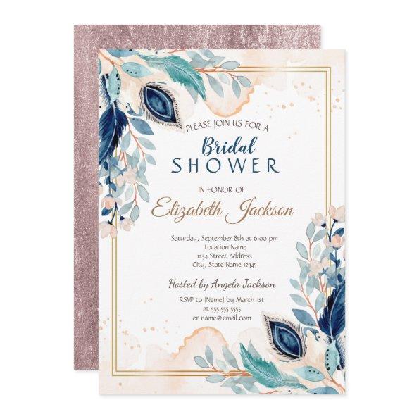 Watercolor Peacock Floral Bridal Shower Invitations