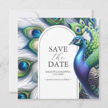 Watercolor Peacock Wedding Save The Date Invitations
