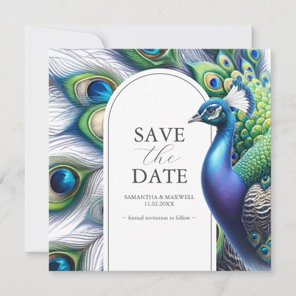 Watercolor Peacock Wedding Save The Date Invitations