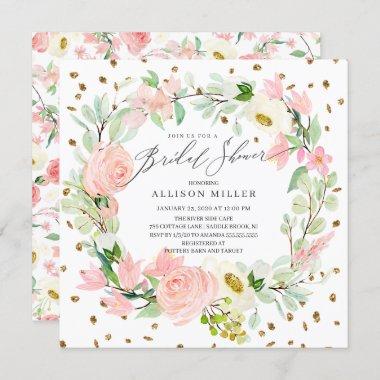 Watercolor Peonies Floral Wreath Bridal Shower Invitations