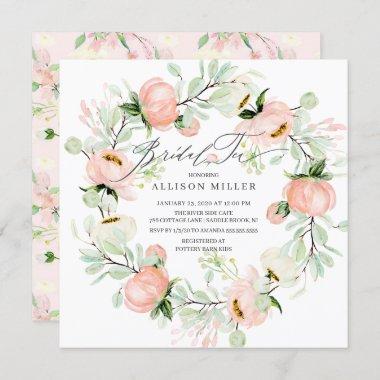 Watercolor Peonies Floral Wreath Bridal Tea Invitations