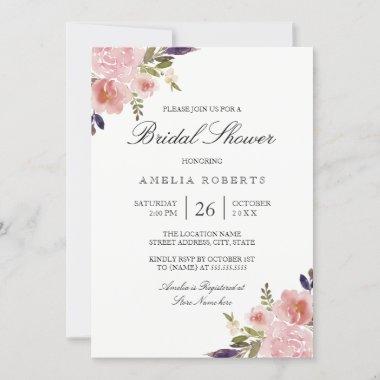 Watercolor Peonies Pink Purple Bridal Shower Invitations