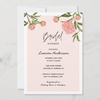 Watercolor Peony Modern Pink Bridal shower  Invitations