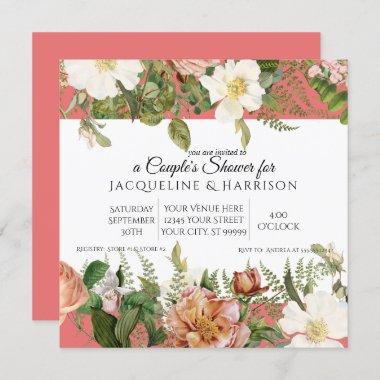 Watercolor Peony Rose Flowers Coral White Shower Invitations