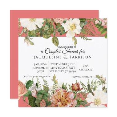Watercolor Peony Rose Flowers Coral White Shower