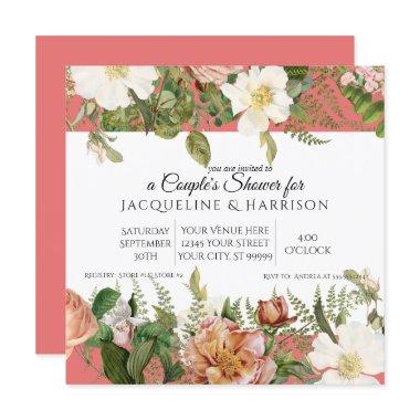 Watercolor Peony Rose Flowers Coral White Shower Invitations