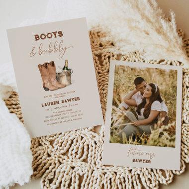 Watercolor Photo Boots & Bubbly Bridal Shower Invitations