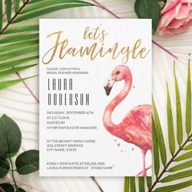 Watercolor Pin Let's Flamingle Gold Bridal Shower Invitations