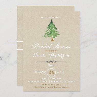 Watercolor Pine Tree Rustic Kraft Bridal Shower Invitations