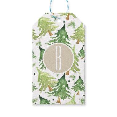 Watercolor Pine Trees Modern Rustic Monogram Kraft Gift Tags
