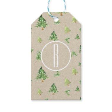 Watercolor Pine Trees Monogram Initial Party Favor Gift Tags