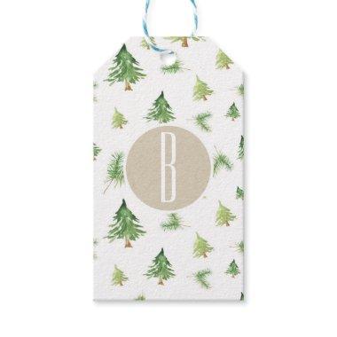 Watercolor Pine Trees Monogram Initial Party Favor Gift Tags