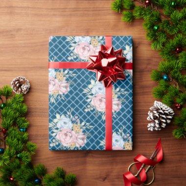 Watercolor Pink and Blue Flower with Blue Checks Wrapping Paper