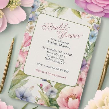 Watercolor Pink Blue Spring Flowers Bridal Shower Invitations