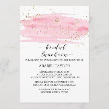 Watercolor Pink Blush and Gold Bridal Luncheon Invitations