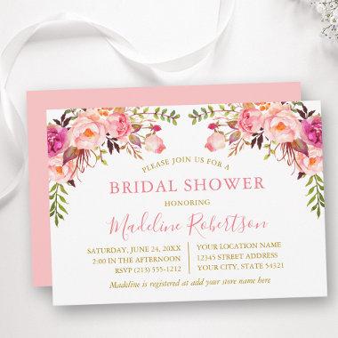 Watercolor Pink Blush Floral Bridal Shower Gold Invitations
