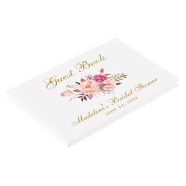 Watercolor Pink Blush Floral Gold Bridal Shower Guest Book