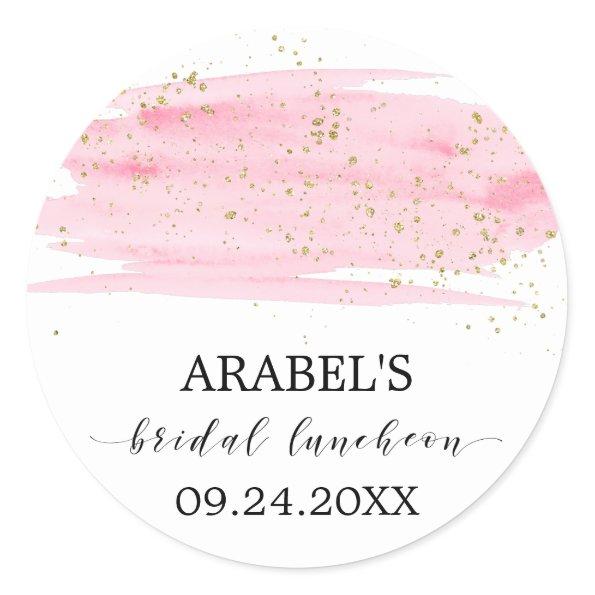 Watercolor Pink Blush Gold Sparkle Bridal Luncheon Classic Round Sticker