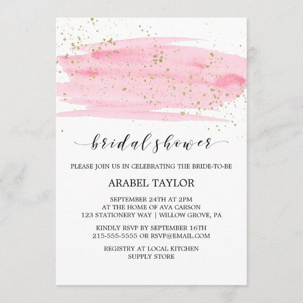 Watercolor Pink Blush & Gold Sparkle Bridal Shower Invitations