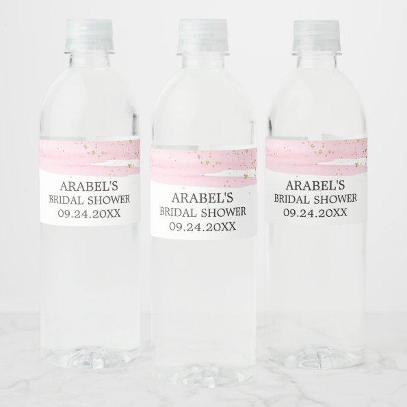 Watercolor Pink Blush & Gold Sparkle Bridal Shower Water Bottle Label